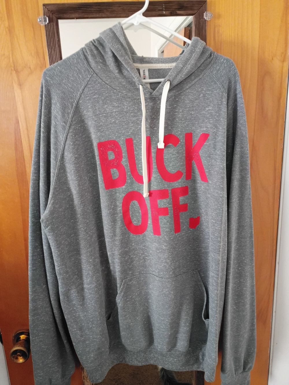 Jerzees Gray Hoodie with Bold Red "BUCK OFF." Print